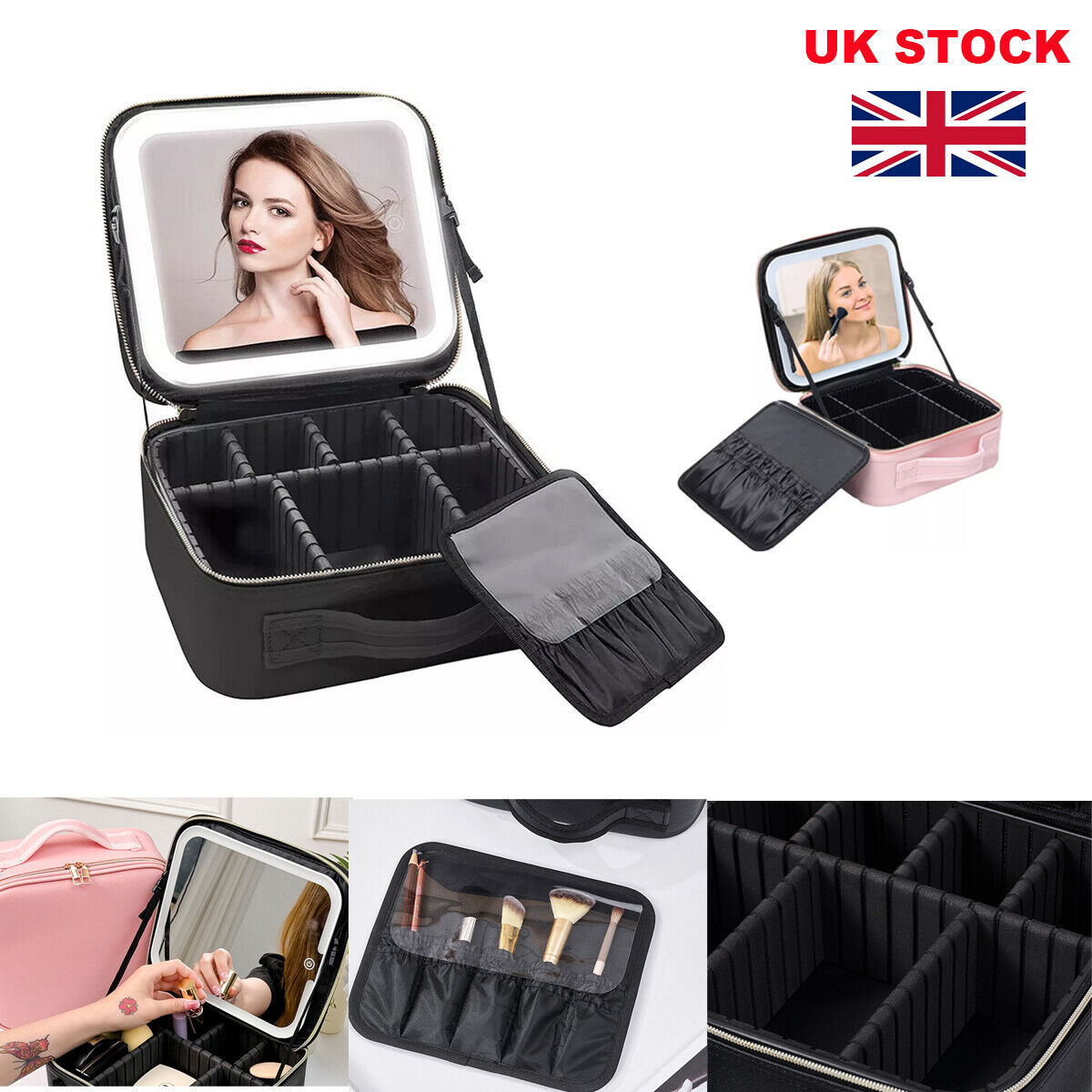 Makeup Bag With LED Light Mirror PU Makeup Case Cosmetic Box Black