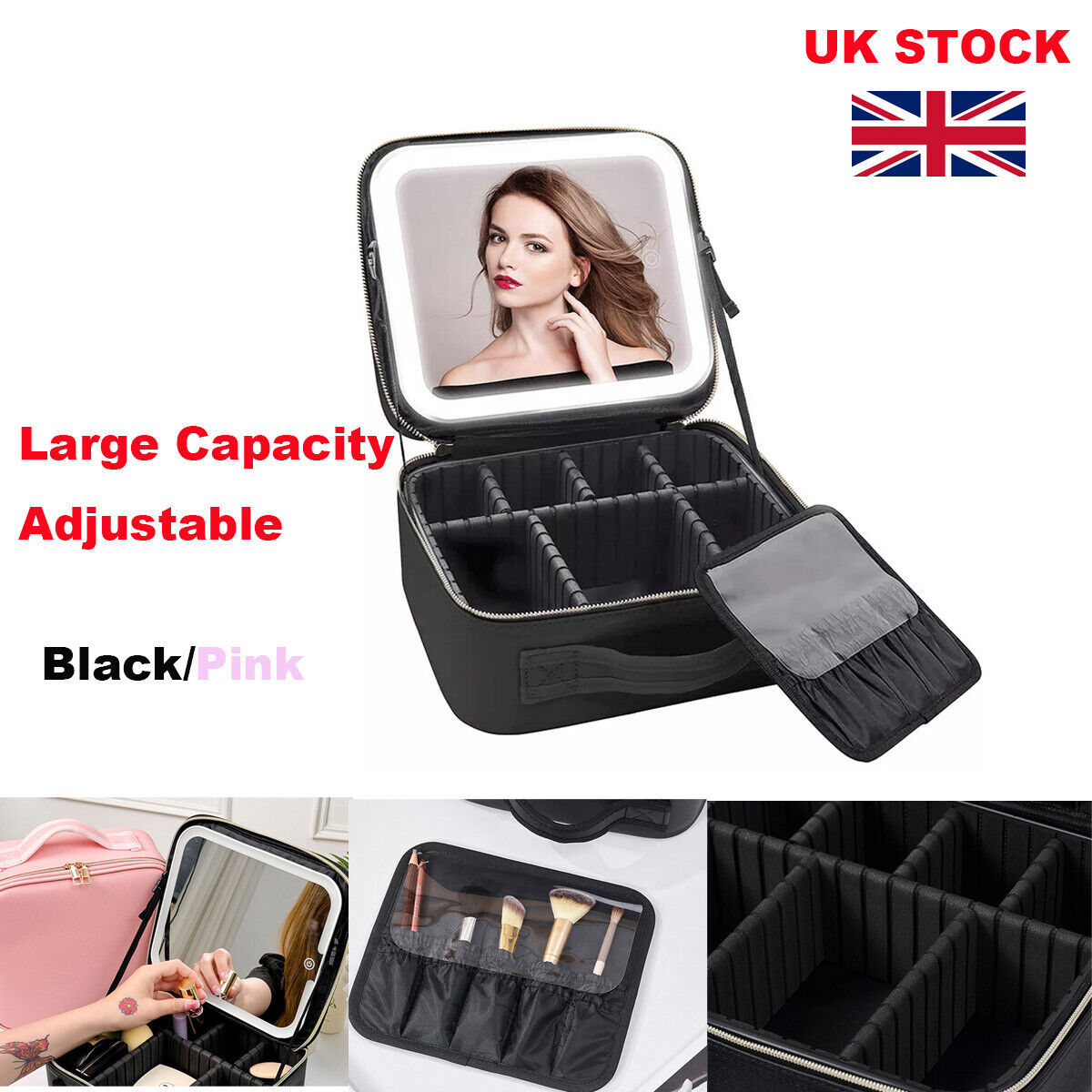 Makeup Bag With LED Light Mirror PU Makeup Case Cosmetic Box Black