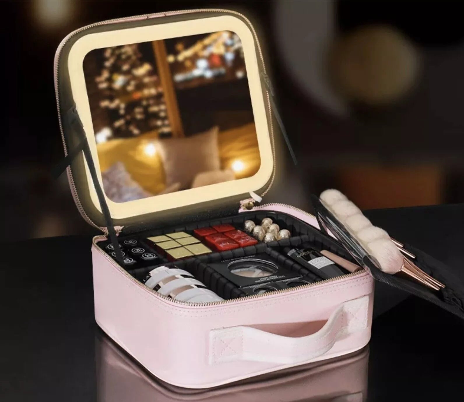 Makeup Bag With LED Light Mirror PU Makeup Case Cosmetic Box Black