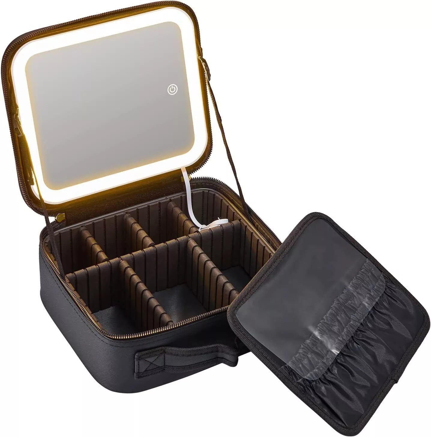 Makeup Bag With LED Light Mirror PU Makeup Case Cosmetic Box Black